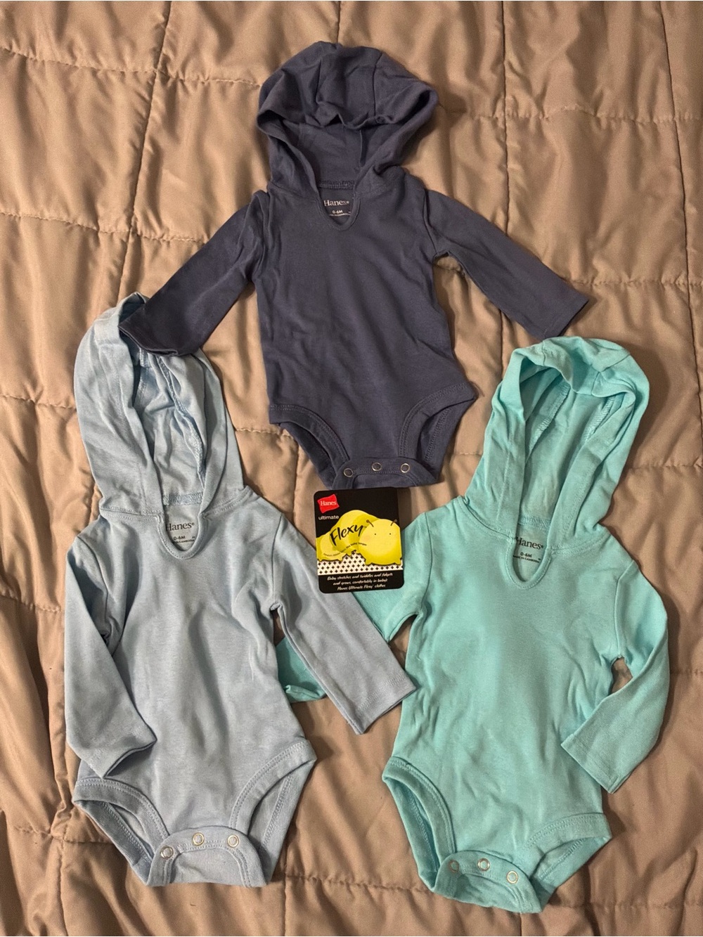 Hanes Kids Hooded One-Piece Long Sleeve Onsie Bodysuits (3-Pack) 0-6 Months